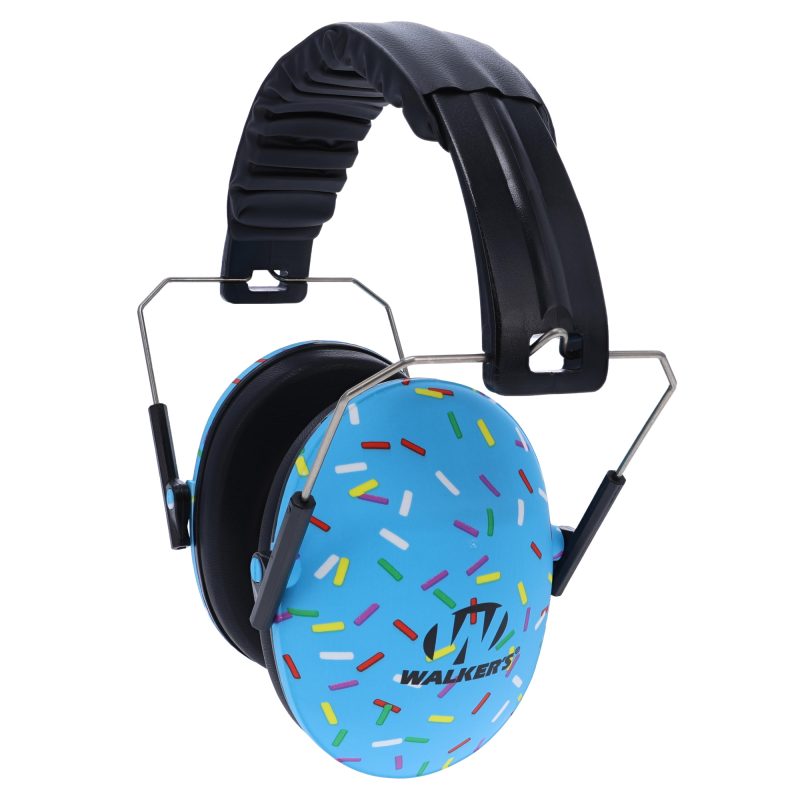 Blue sprinkle pattern Walker's folding earmuffs, designed for smaller ears, shown folded for compact storage.