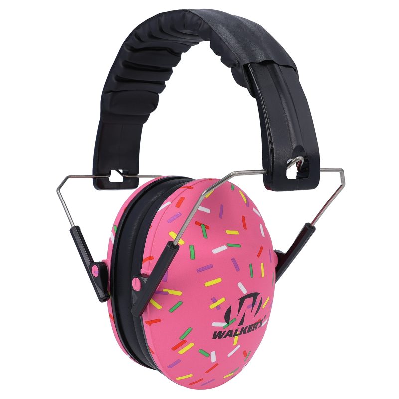 Pink sprinkle Walker's folding earmuffs for small ears, shown folded and open, ready for use.