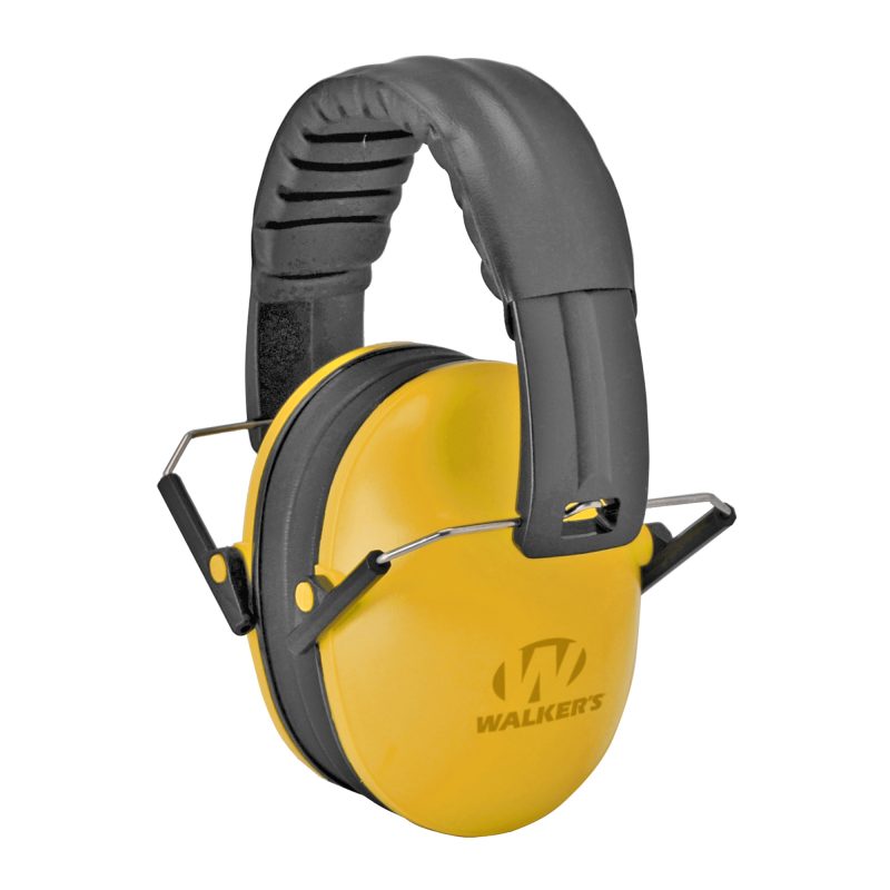 Pair of bright yellow Walker's Ultra Compact Muffs with a black comfort headband, shown against a neutral background.
