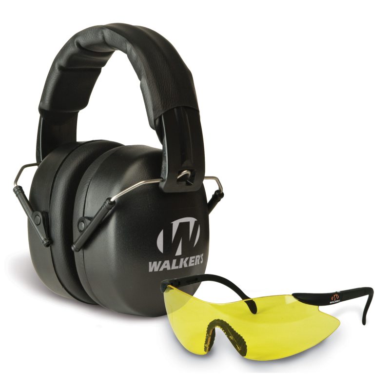 Walker's Extended Range Glasses Combo featuring black folding earmuffs, yellow lens shooting glasses, and a pair of foam earplugs.