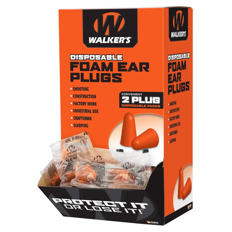 A box of 200 individually packaged orange Walker's foam ear plugs, ready for use on a ranch.