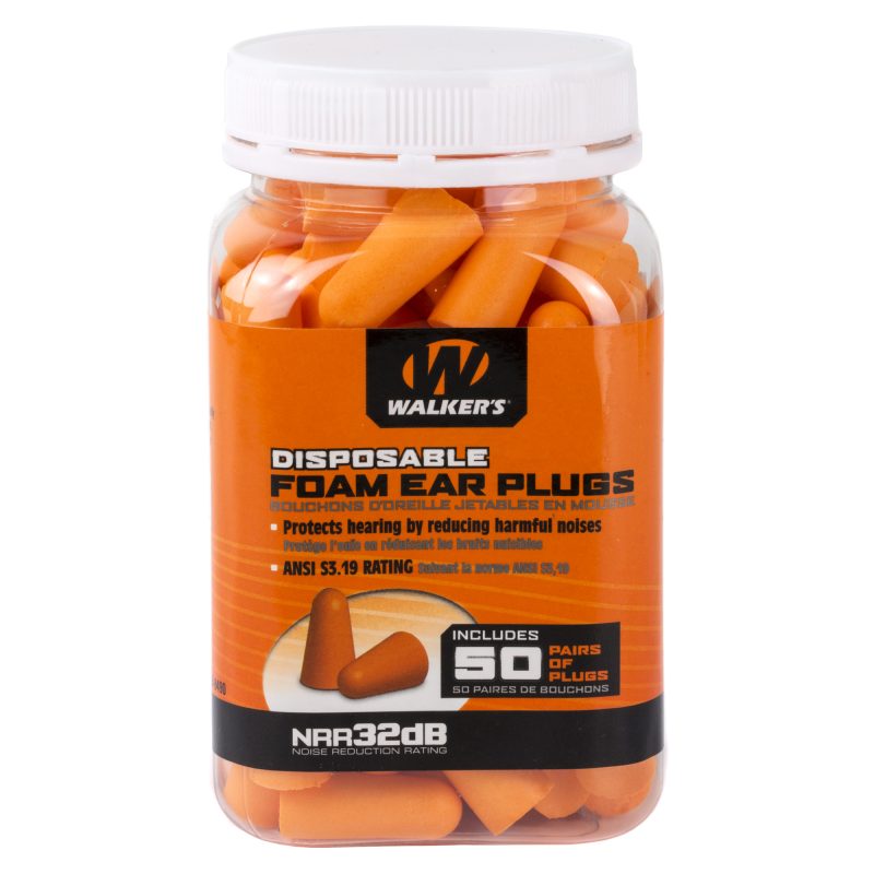 A clear plastic jar containing 50 pairs of bright orange Walker's foam ear plugs, ready for use.