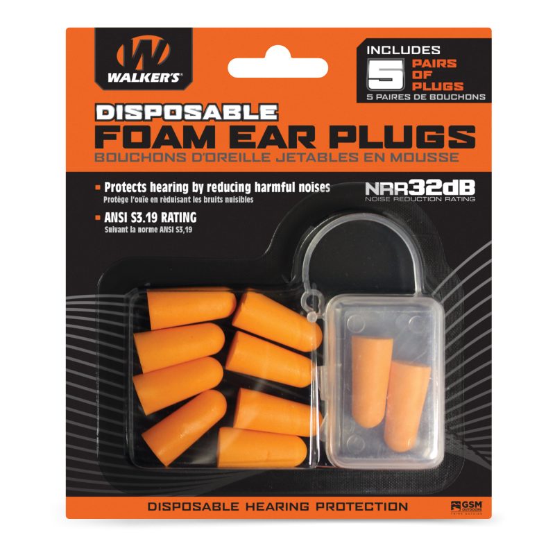 Five pairs of bright orange Walker's foam earplugs in a clear plastic blister pack, with a small black plastic storage case.