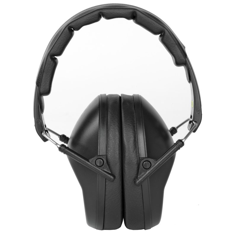 Black Walker's Pro Folding Earmuffs, folded for storage, shown against a neutral background.