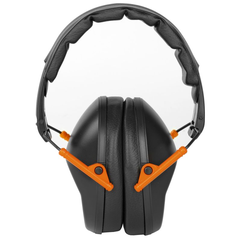 A pair of black and orange Walker's Pro Folding Earmuffs, shown folded for storage.