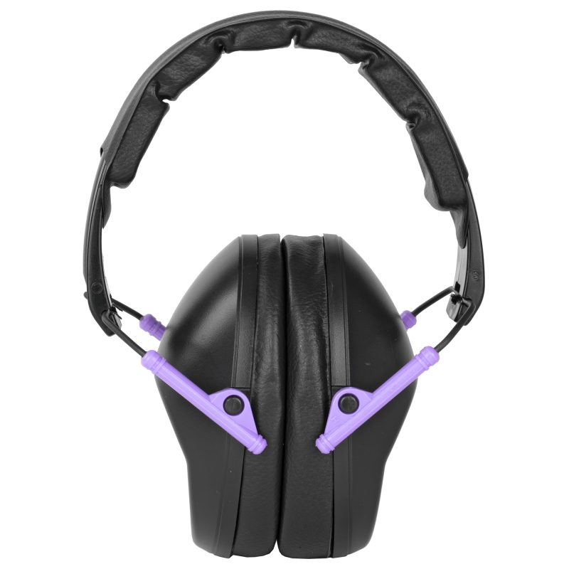 A pair of Walker's Pro Folding Muffs in black and purple, shown folded for storage, against a neutral background.