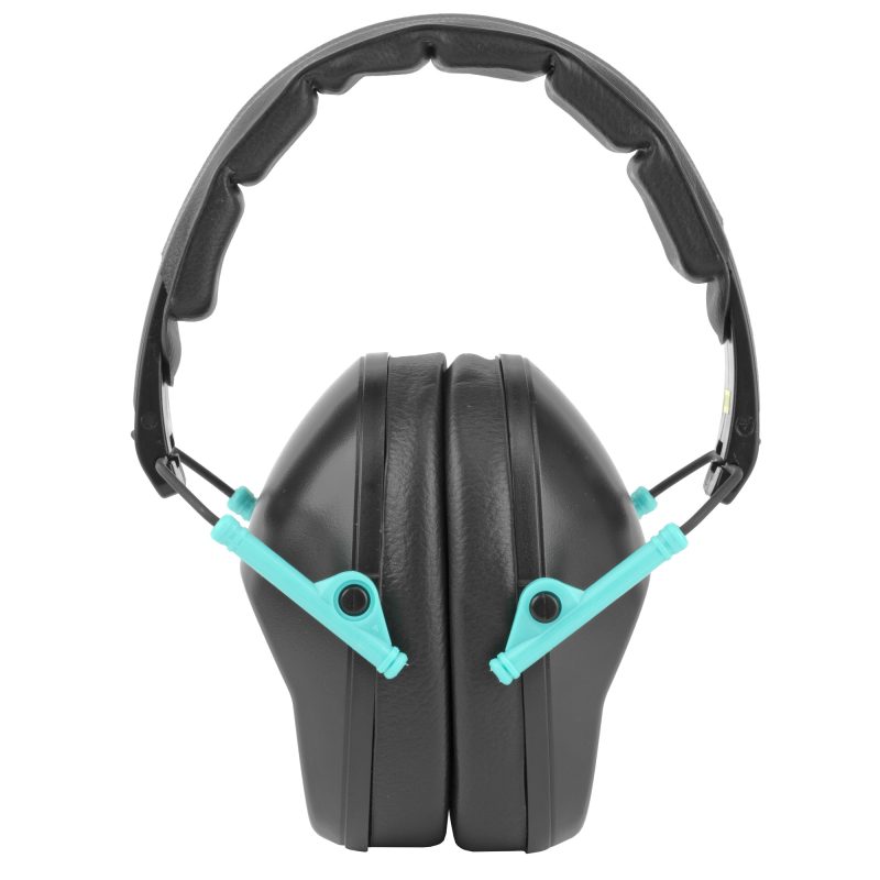 A pair of Walker's Pro Folding Muffs in black and teal, folded for storage, against a neutral background.