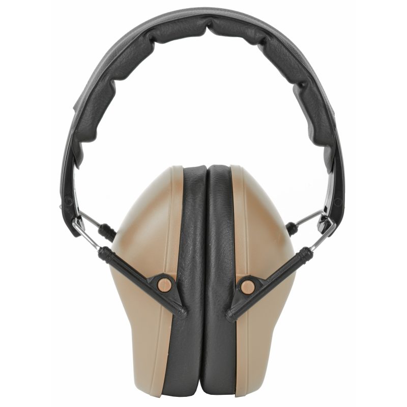 Walker's Pro Low Profile Ear Muffs in Flat Dark Earth (FDE) color, shown from the side, with a padded headband and slim ear cups.