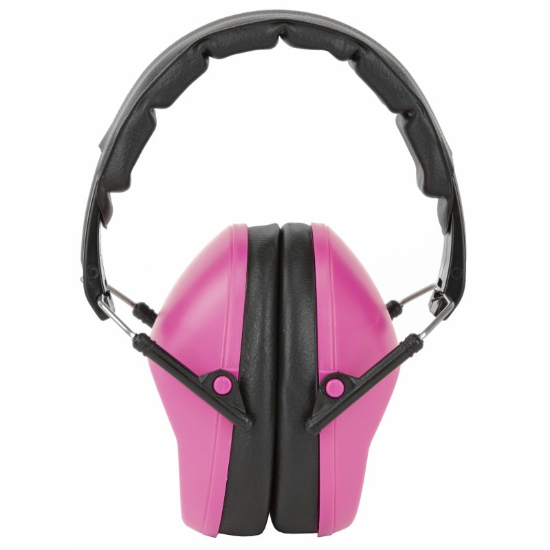 Pair of pink Walker's Pro Folding Muffs with a padded headband, shown folded for storage.