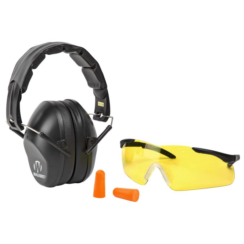 Walker's Pro Folding Ear and Eye Protection Combo kit, featuring black folding earmuffs, a pair of yellow foam earplugs, and clear sport safety glasses.