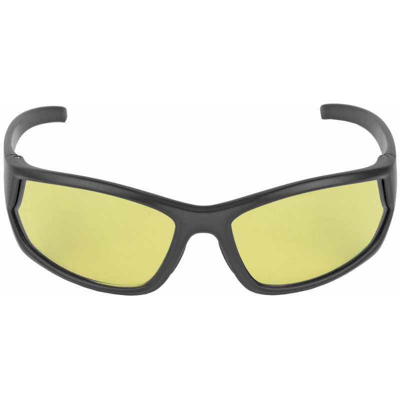 Pair of Walker's Carbine Full Frame Shooting Glasses with a matte black rubberized frame and amber lenses, shown against a neutral background.