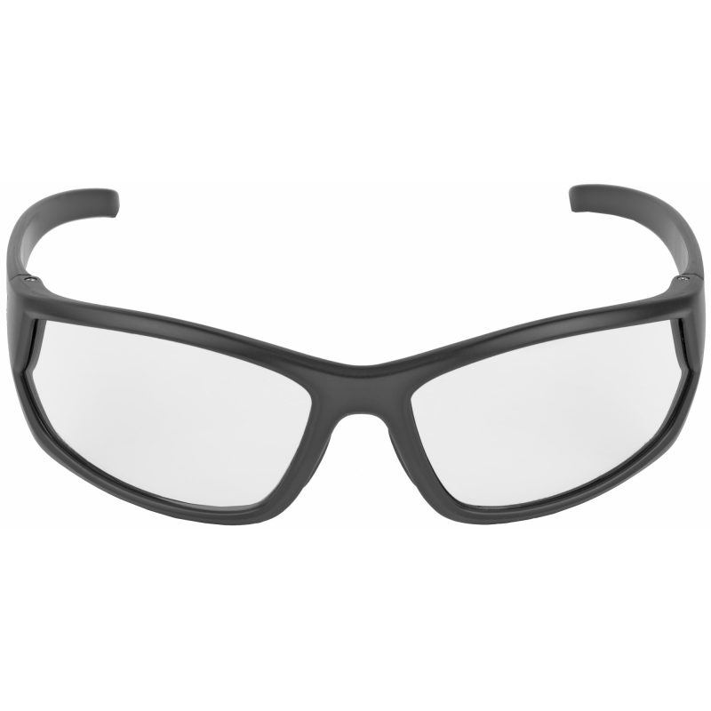 Walker's Carbine full-frame shooting glasses with clear lenses and a matte black rubberized frame, shown against an outdoor background.