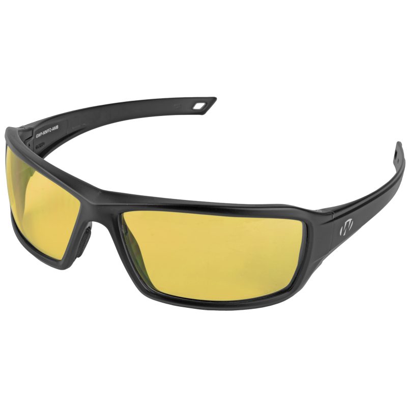 Pair of Walker's Forge full-frame shooting glasses with matte black rubberized frame and amber lenses, shown against a rugged outdoor background.