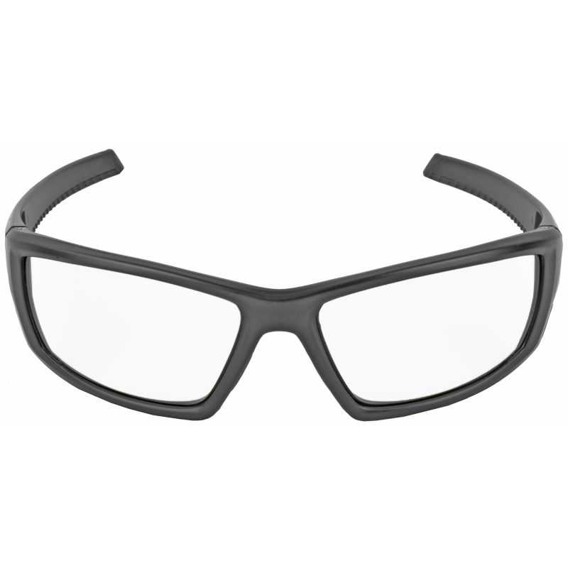 Walker's Vector Full Frame Shooting Glasses with clear lenses and a matte black rubberized frame, shown against an outdoor background.