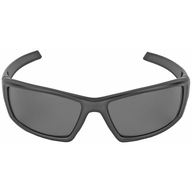 Pair of Walker's Vector Full Frame Shooting Glasses with smoke lenses and a matte black rubberized frame, shown against an outdoor background.