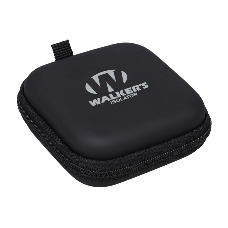 Pair of black Walker's Isolator electronic ear buds with a charging cable and case, shown against a rugged outdoor background.