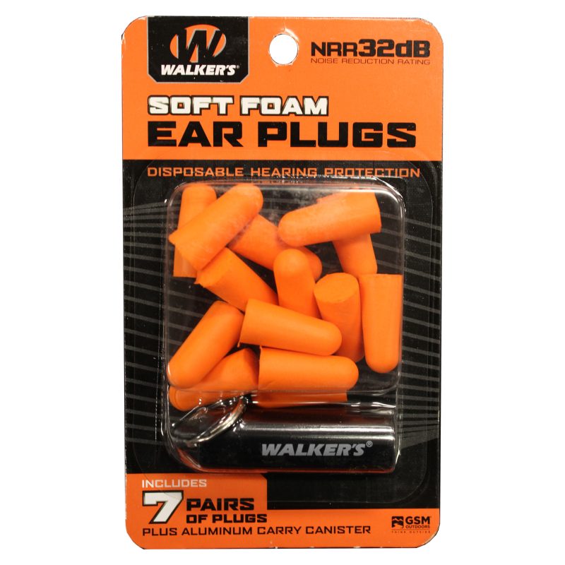 Seven pairs of bright orange Walker's foam ear plugs in a clear plastic carrying case, displayed against a neutral background.