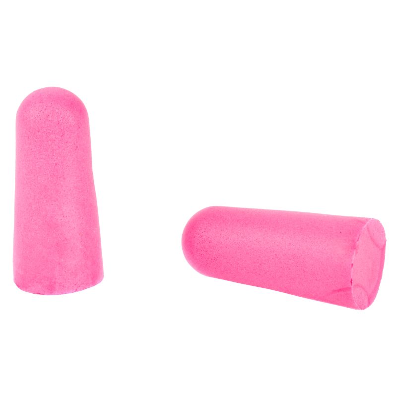 Seven pairs of pink foam earplugs from Walker's, neatly arranged with a clear plastic carrying case.