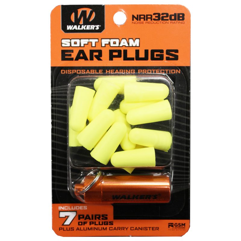 Seven pairs of blue foam ear plugs in a clear plastic carrying case, shown against a rugged outdoor background, ready for use on a ranch.