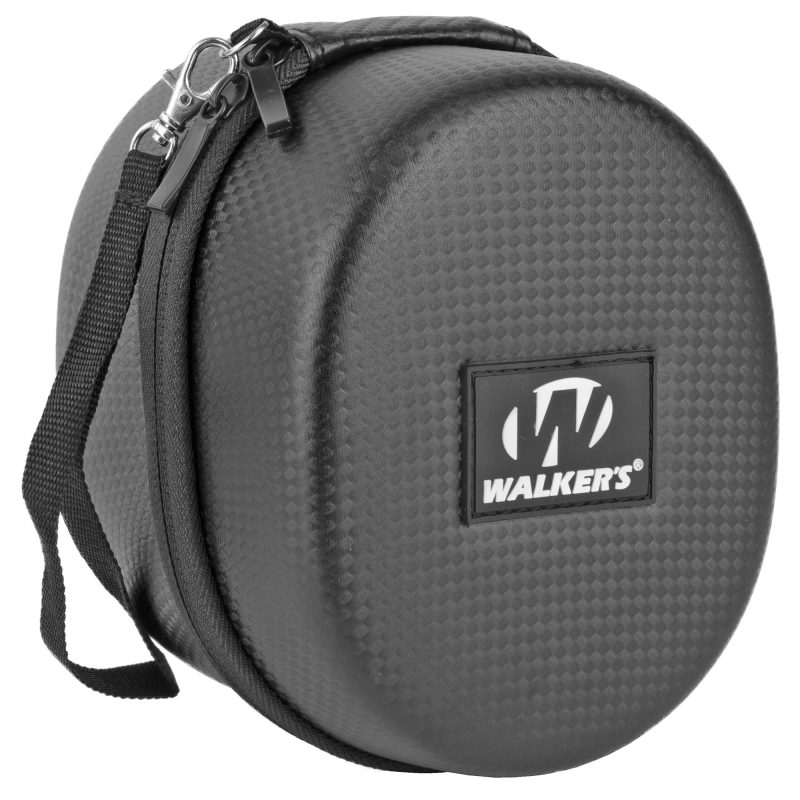 Black Walker's Razor muff carrying case with zipper closure, shown protecting hearing protection.