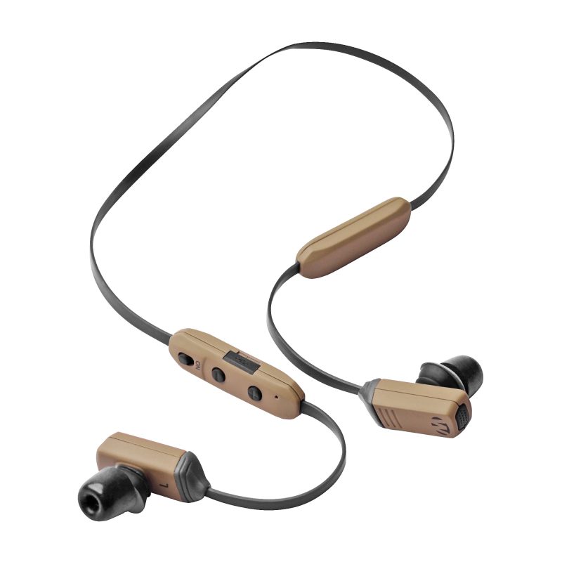 A pair of Walker's Rope Hearing Enhancer electronic ear plugs in flat dark earth color, connected by a rope, suitable for ranch work in the White Mountains.