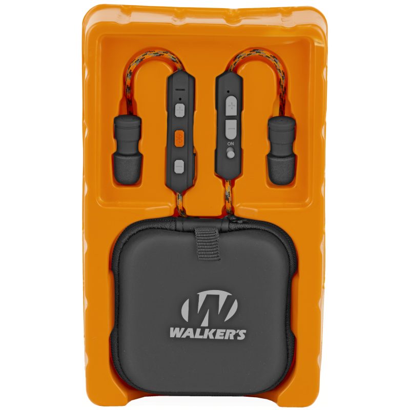 Walker's Rope Hearing Enhancer Bt in camo, shown ready for use on a ranch or outdoor setting, protecting ears from loud noises.
