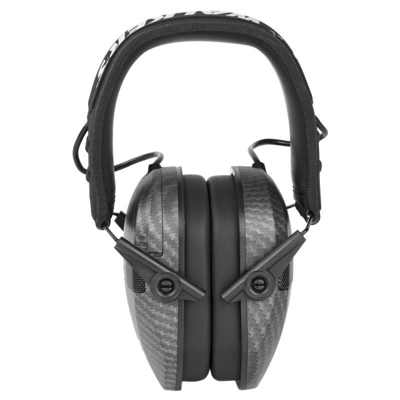 Pair of Walker's Razor Slim Electronic Muffs in carbon fiber finish, shown with earcups folded for storage.
