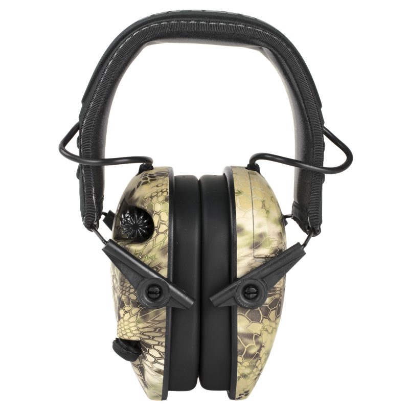 Walker's Razor Slim Electronic Earmuffs in Kryptek camo pattern, shown with earcups over a dark background, ready for use.