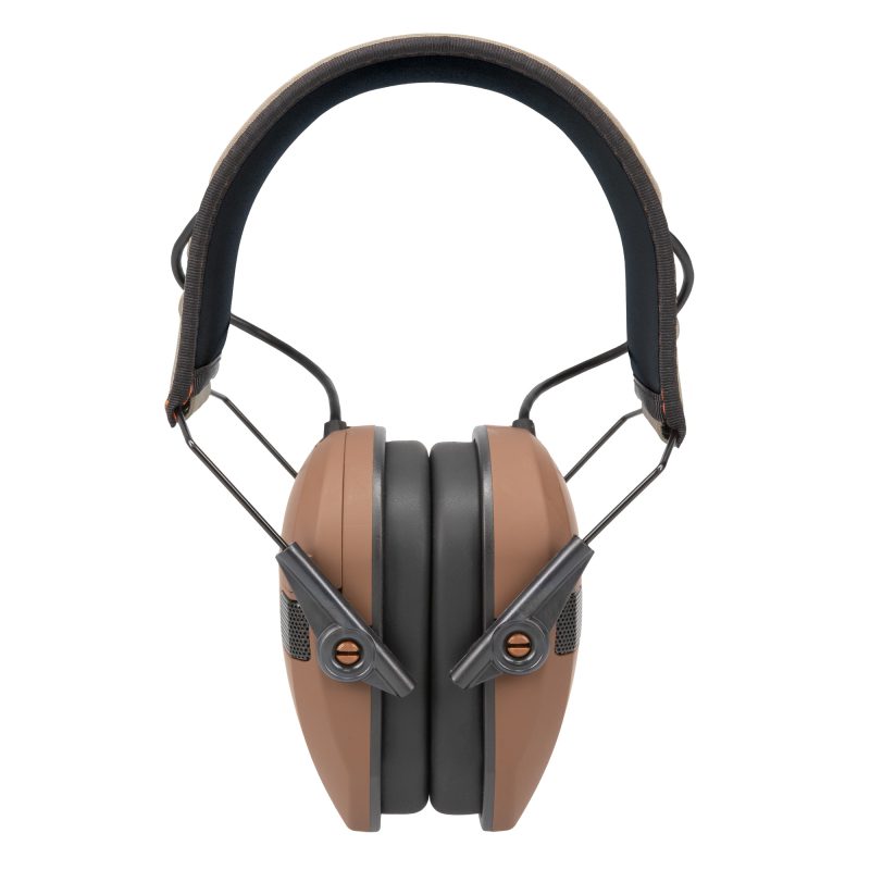 Walker's Razor Slim Electronic Muffs in green and orange, designed for hearing protection during outdoor activities and ranch work.