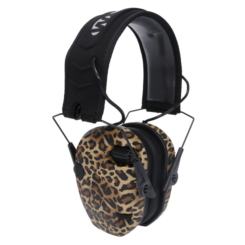 Walker's Razor Slim Muff Leopard electronic earmuffs, black and tan leopard print, shown with ultra-low profile design.