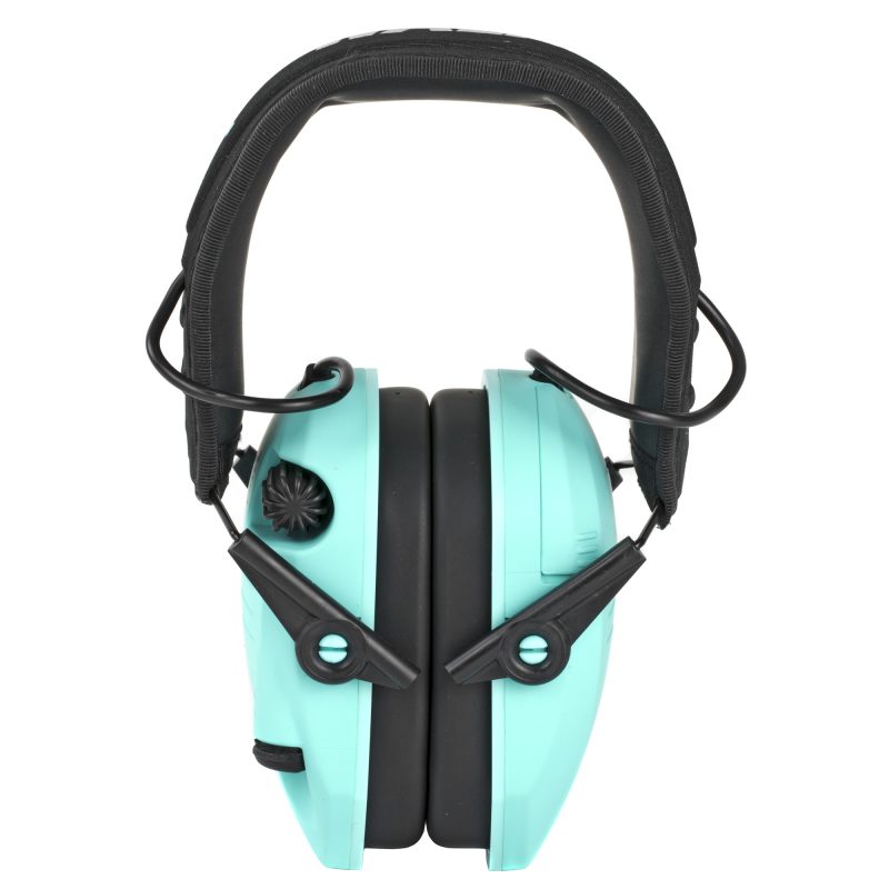Pair of teal Walker's Razor Slim Electronic Earmuffs with a black headband, shown from a slight angle.