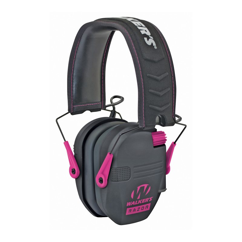 Walker's Razor Slim Electronic Earmuffs in black and pink, shown ready for use, highlighting their compact design and ear protection capabilities.