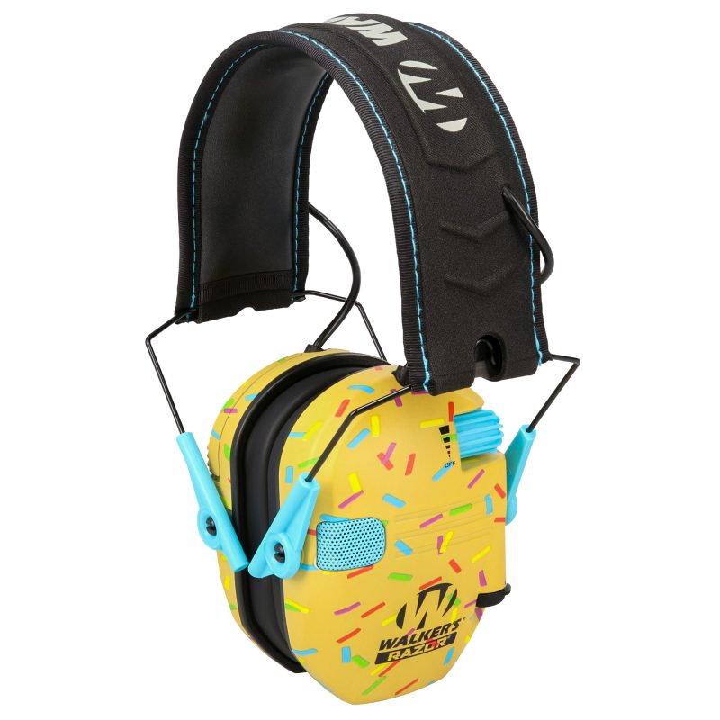 Walker's Razor Slim Electronic Earmuffs in gold sprinkle finish, shown with a low-profile design.