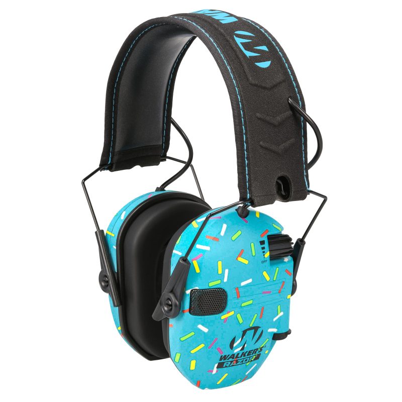 Pair of blue Walker's Razor Slim Electronic Earmuffs with a subtle sprinkle pattern, shown folded, ready for use in outdoor or ranch settings.