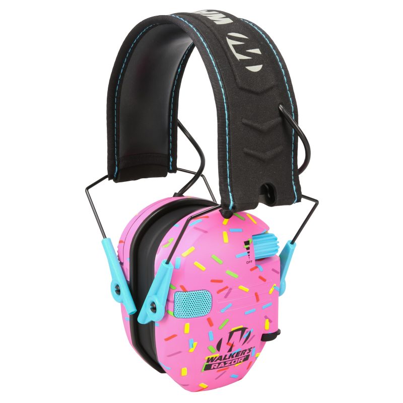 Walker's Razor Slim electronic earmuffs in a pink sprinkle pattern, designed for hearing protection and sound amplification.
