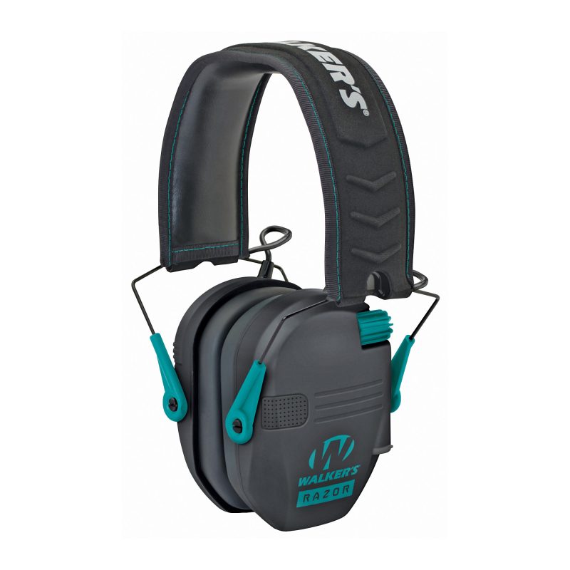 Pair of Walker's Razor Slim Electronic Earmuffs in black and teal, designed for hearing protection during shooting or loud work.