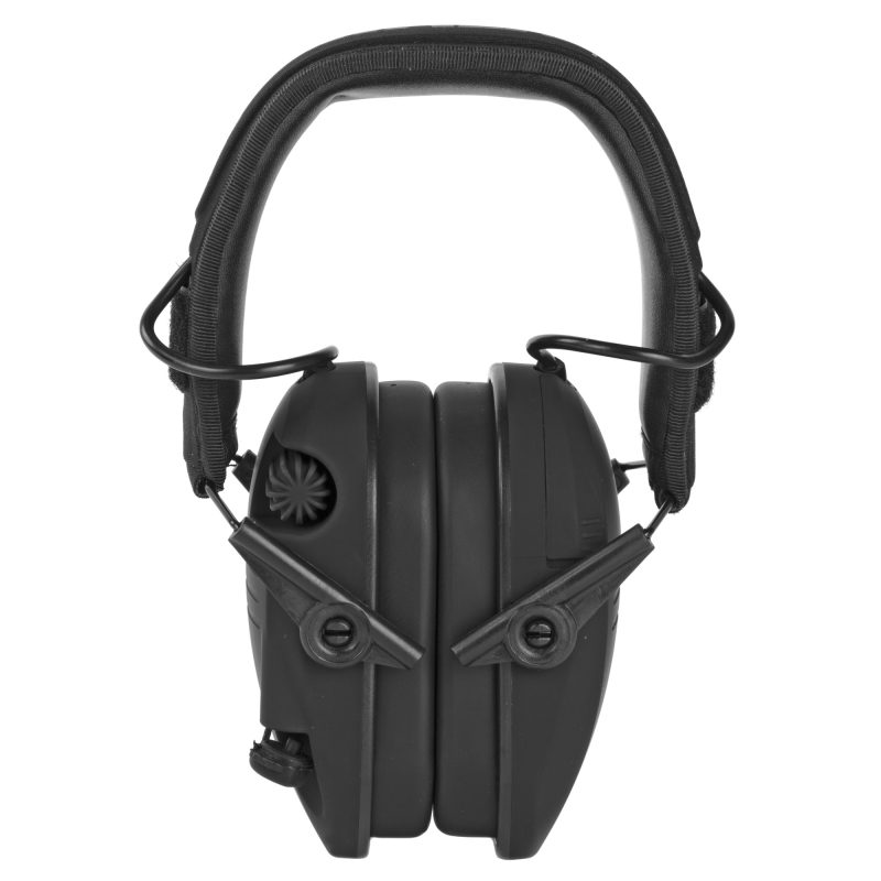 Pair of Walker's Razor Slim Electronic Earmuffs in black with morale patches, shown ready for use.