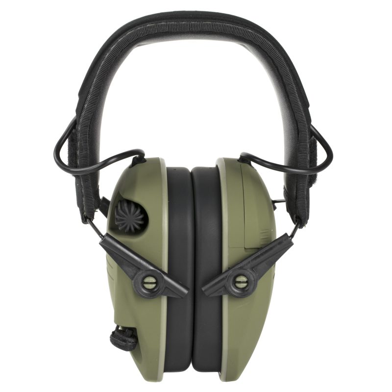 Walker's Razor Slim Electronic Earmuffs in OD Green with morale patches, designed for hearing protection during shooting or loud work.
