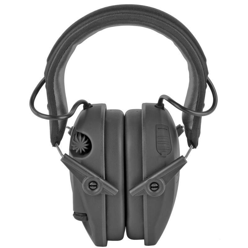 Pair of black Walker's Rzr Rechargeable Electronic Muffs with a low-profile design, shown ready for use.