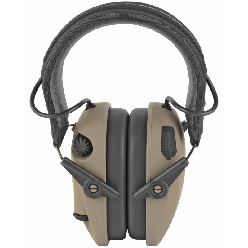 Walker's Rzr Rechargeable Electronic Earmuffs in Flat Dark Earth color, shown with a low-profile design and comfortable headband.