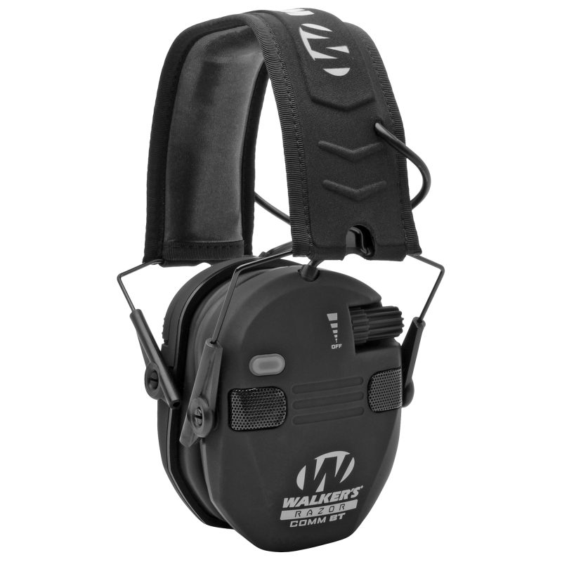 Black Walker's Razor Electronic Bluetooth Earmuffs with ultra-low profile ear cups and a microphone, shown ready for use.