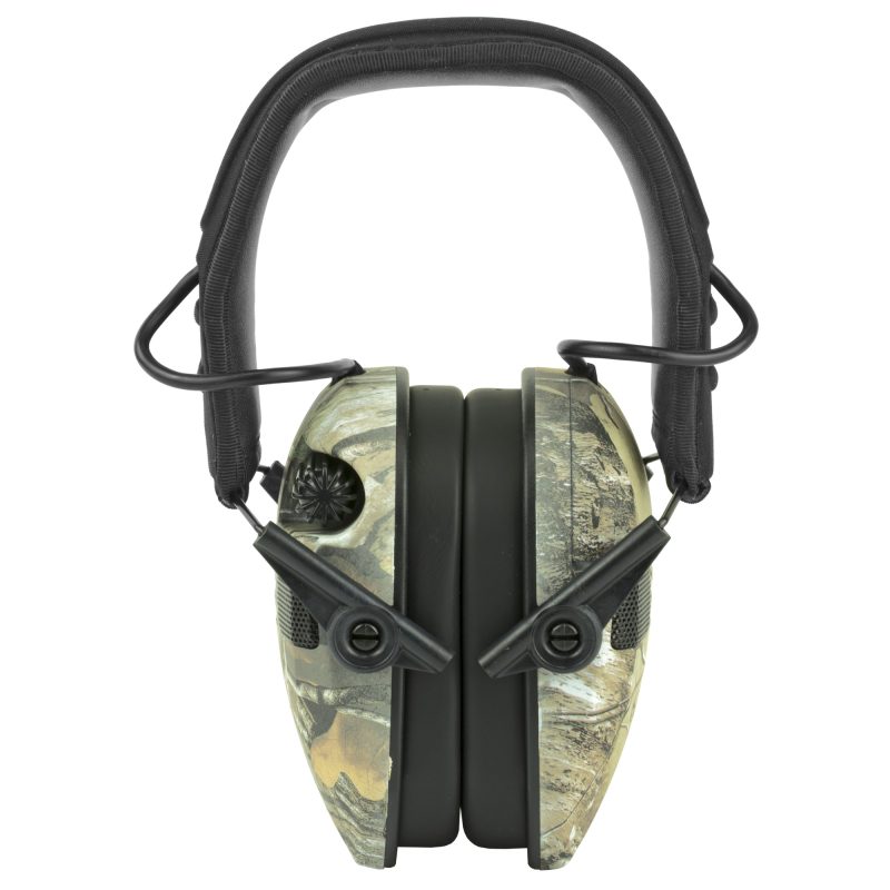 Walker's Razor Slim Electronic Earmuffs in a camouflage pattern, shown with ear cups folded for storage.