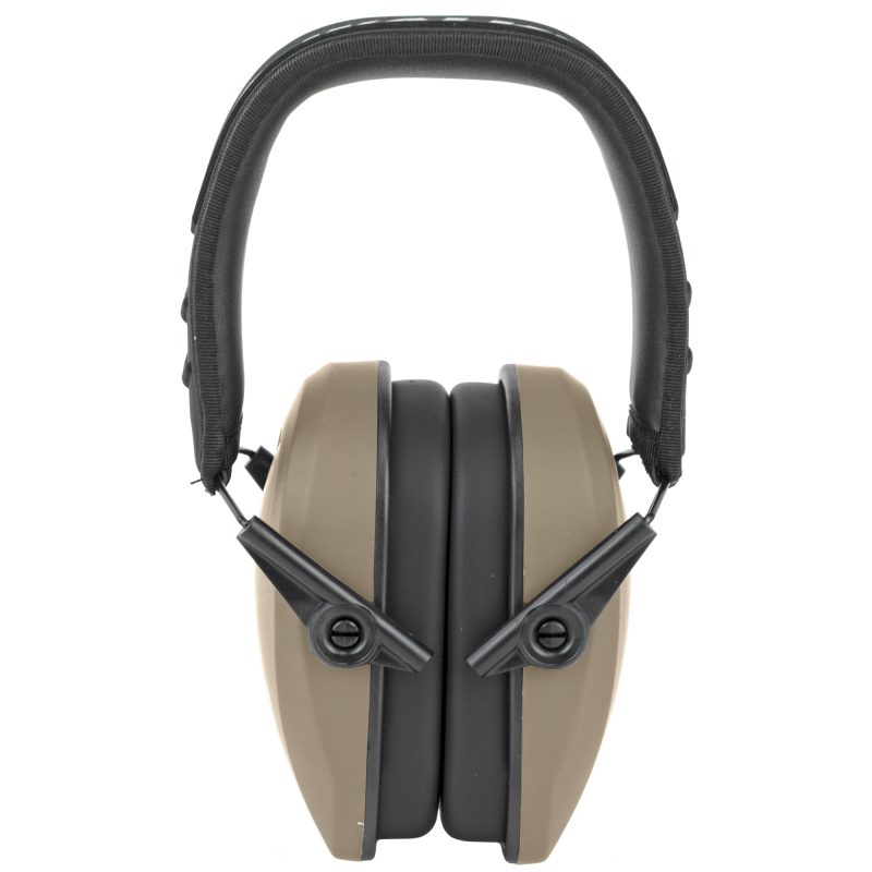 Walker's Razor Passive Muffs in Flat Dark Earth color, shown from the side with ear cups visible.