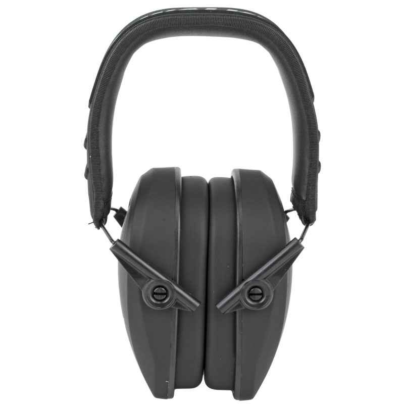 A pair of black Walker's Razor SLM Passive Earmuffs with ultra-low profile ear cups, designed for hearing protection.
