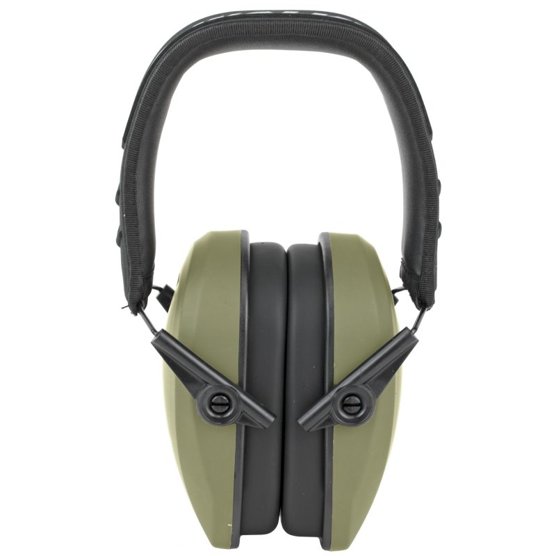 Pair of olive drab green Walker's Razor Passive Ear Muffs with ultra low profile ear cups, shown against a rugged outdoor background.