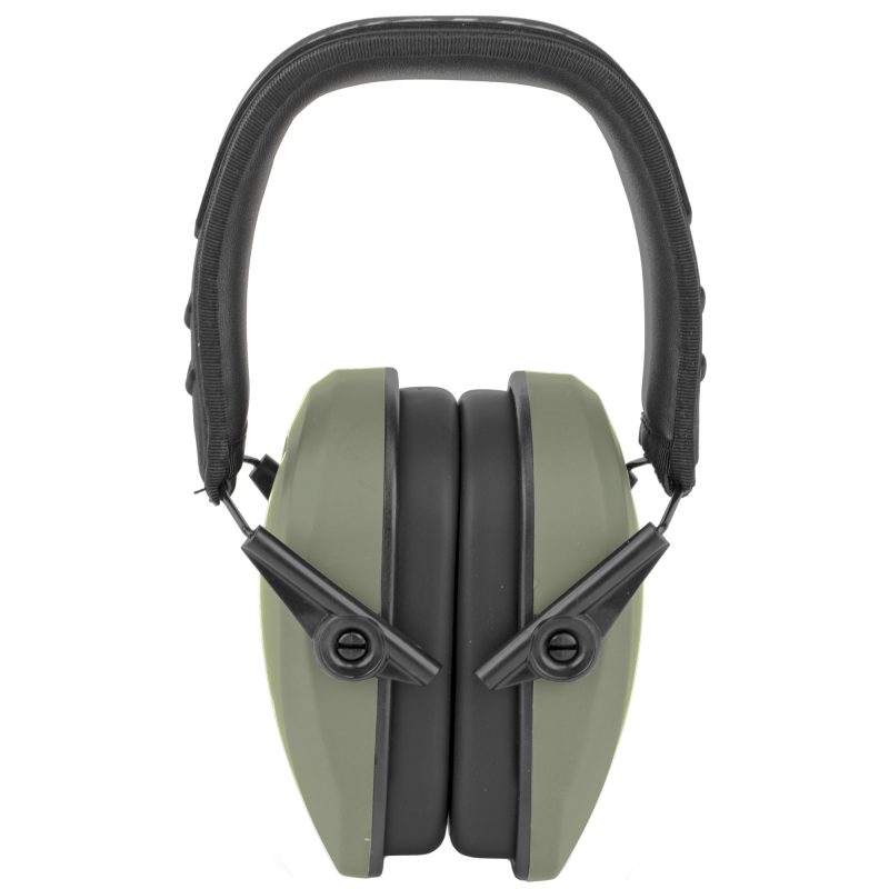 Sage green Walker's Razor Passive Earmuffs with a black headband, shown from a slight angle.