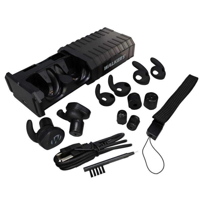 Pair of black Walker's Restrictor electronic Bluetooth ear buds with matte finish, shown with charging cable and case.