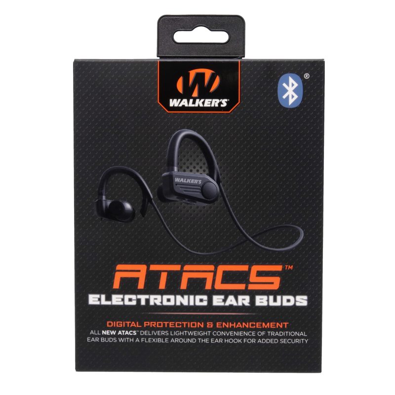 Pair of black Walker's ATACS Sport Earbuds with flexible around-the-ear hooks, charging cable, and foam ear tips.