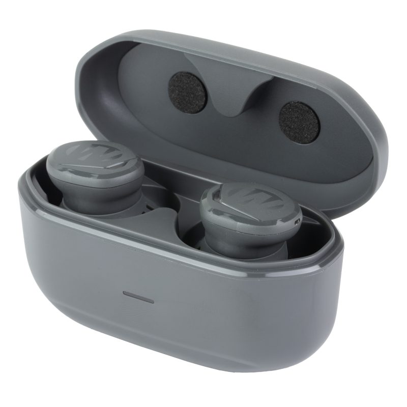 Pair of black Walker's Suppressor electronic ear buds with a compact charging case, shown on a rustic wooden surface.