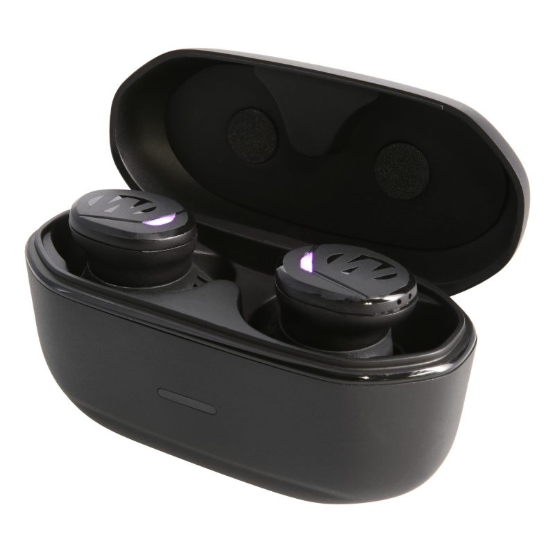 Close-up of black Walker's Suppressor Bluetooth ear buds with charging case, suitable for ranch work and outdoor use in the White Mountains.